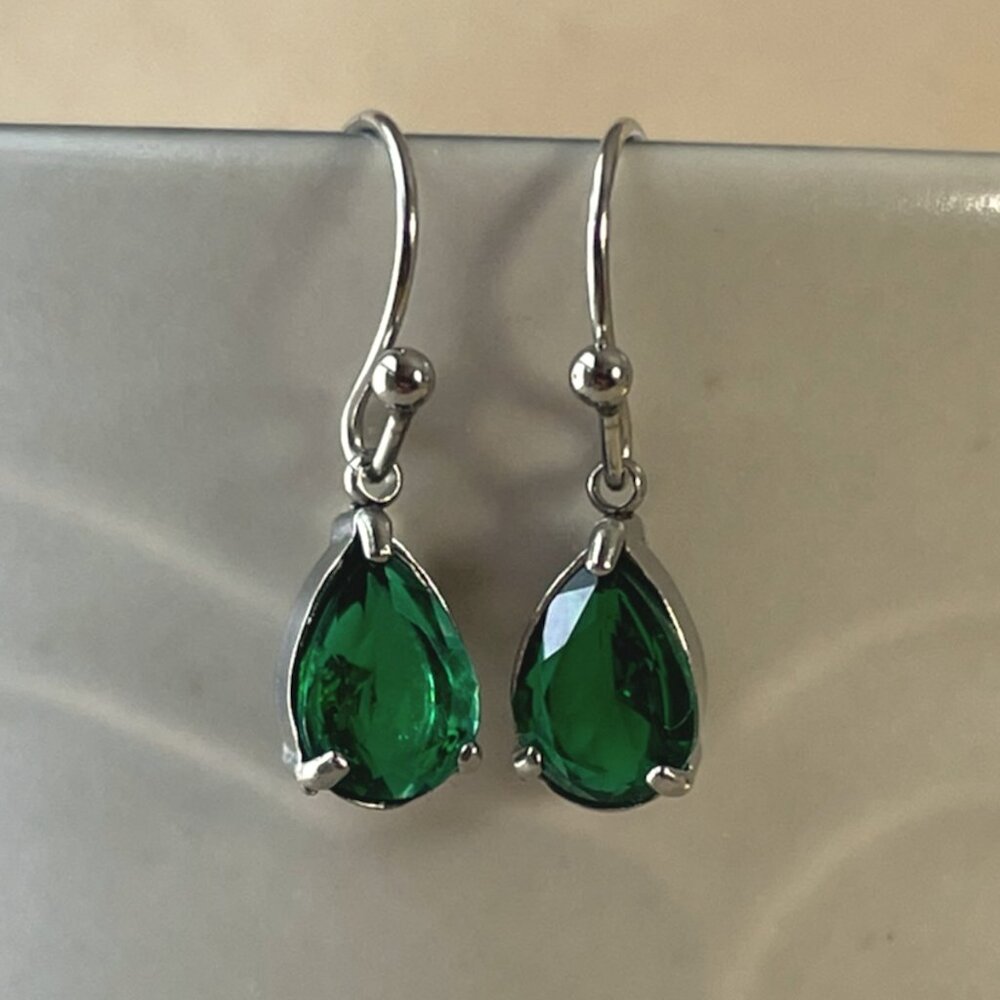 Silver-tone Emerald Green Cubic Zirconia Teardrop Dangle Earrings